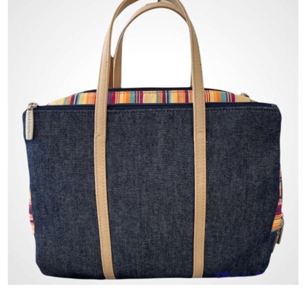 Bath & Body Works Multicolor Striped Toiletries Makeup Travel Tote 11”